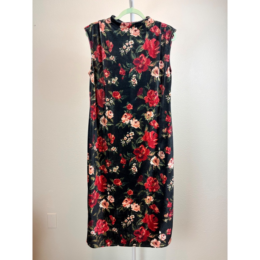 Cottagecore Whimsigoth Floral Rose Black Velvet Midi Dress Sleeveless Mock Neck